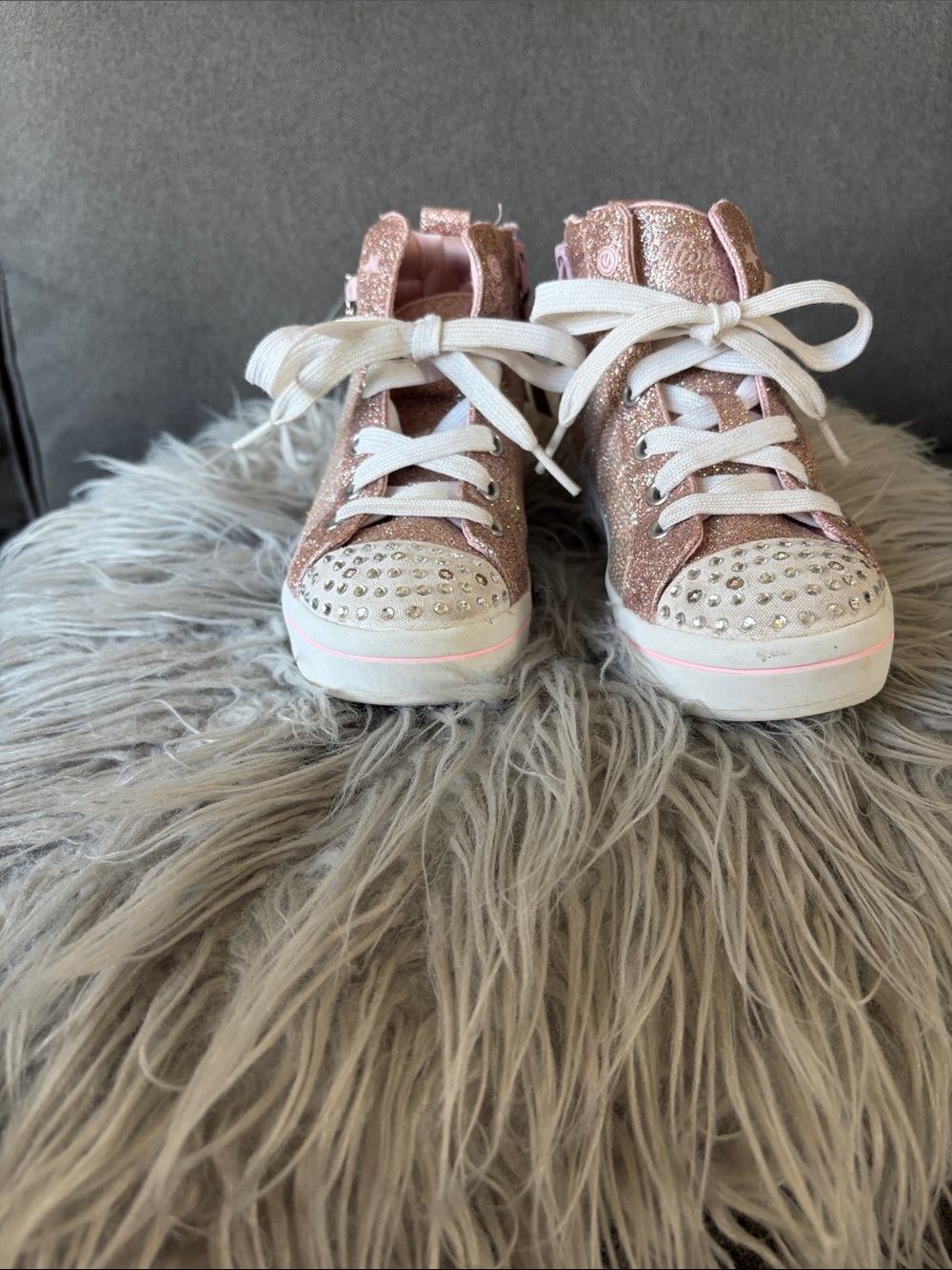 Skechers Girls Pink Glitter High-Top Sneakers with Rhinestone Toe